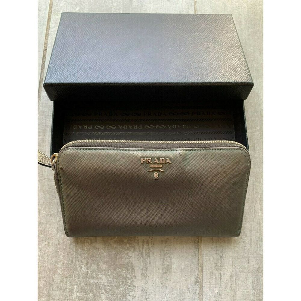 PRADA Milano Saffiano Metal Leather Zip Around Wallet Purse Brunito Pewter0 - Picture 1 of 12